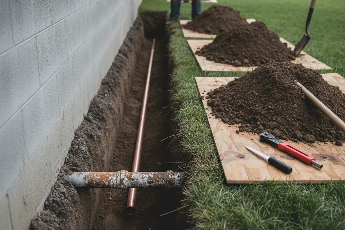 Excavated water line trench during Sewer Line Repair in Dannemora